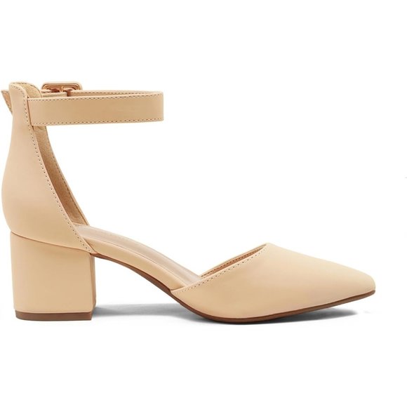 Pointed Toe Low Chunky Heels Pump Nude Nubuck Adjustable Buckle Shoes - Picture 3 of 9